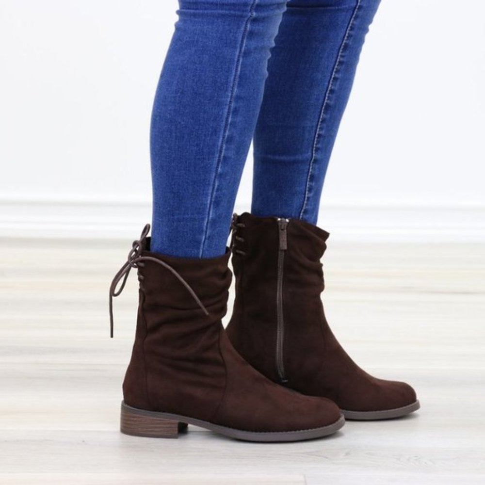 Brown Round Toe Suede Ankle Booties With Lace Back - Picture 12 of 15
